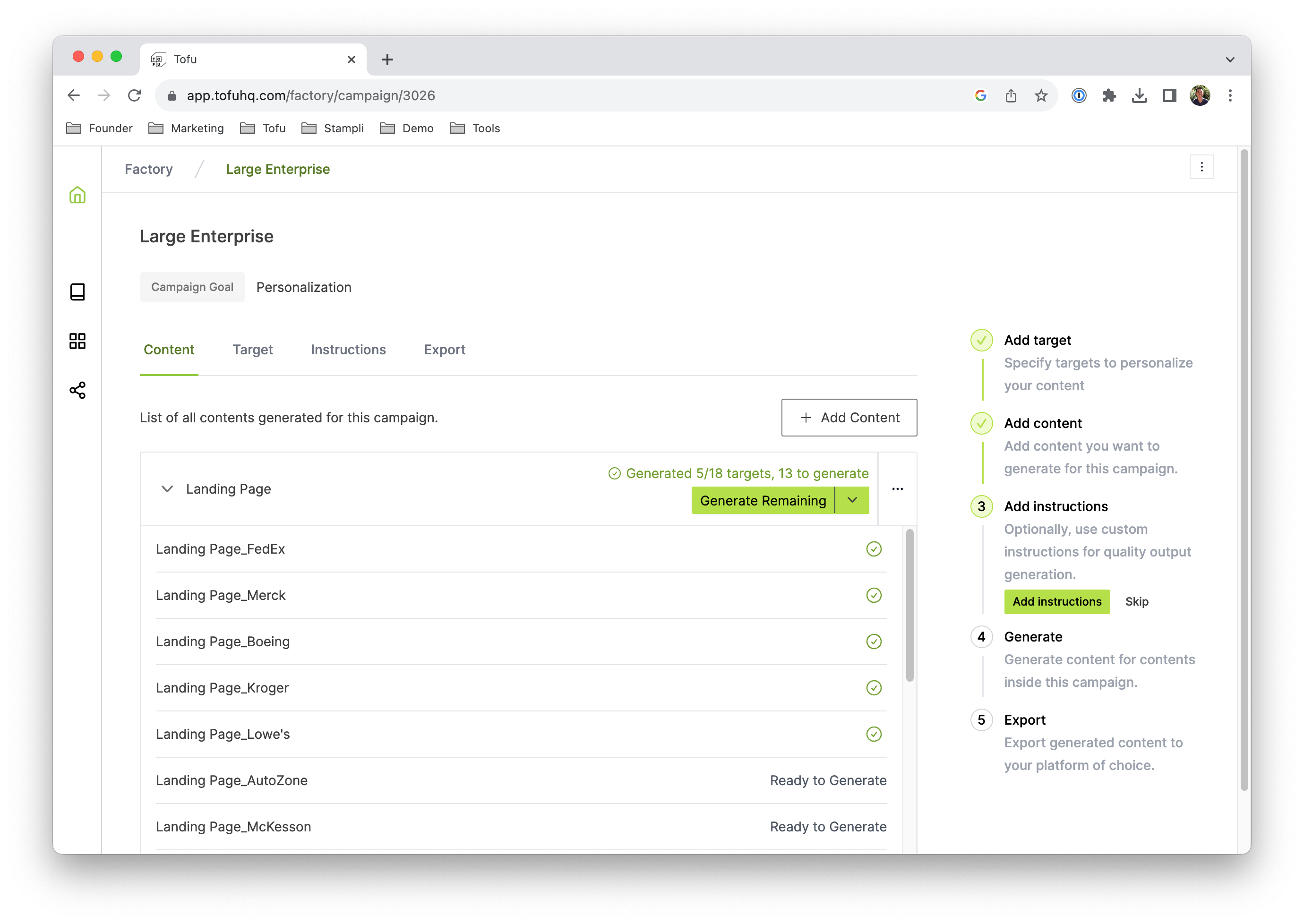 A screenshot of AI marketing content creator Tofu's user interface