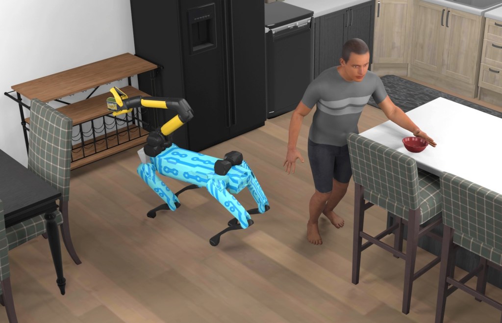 Simulation scene with a virtual Spot robot and human cleaning up a space.
