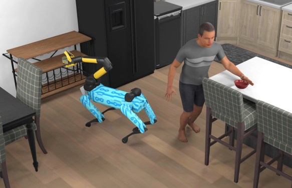Simulation scene with a virtual Spot robot and human cleaning up a space.