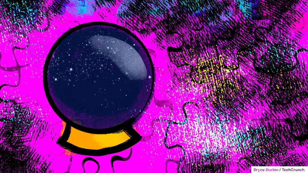 Crystal ball set to a background of jigsaw pieces, peering into the future of AI and related tech