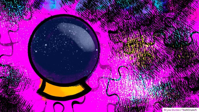 Crystal ball set to a background of jigsaw pieces, peering into the future of AI and related tech
