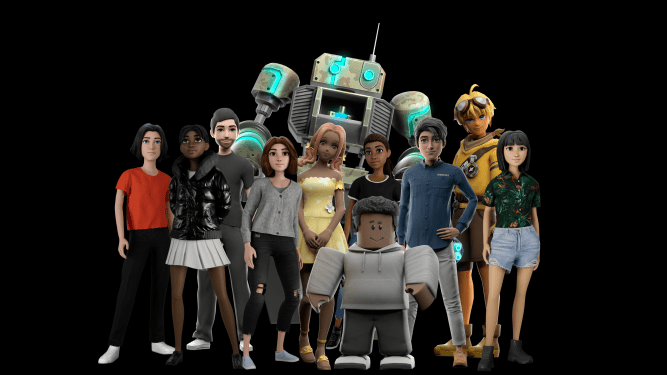 Roblox avatars, new and old, against a black backdrop