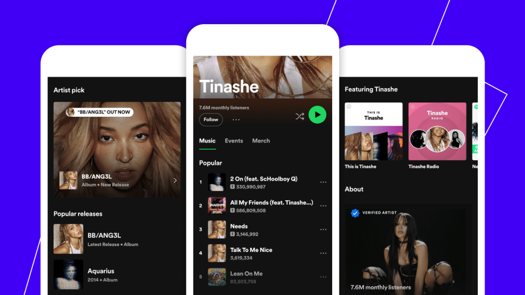 Spotify artist profiles displayed on phone screens