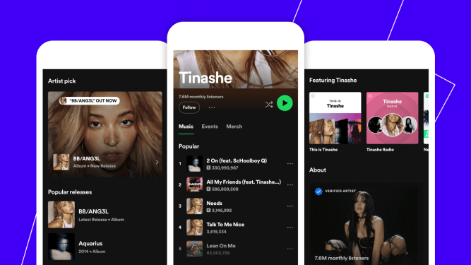 Spotify artist profiles displayed on phone screens