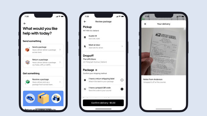 screenshots of the Uber app's new feature to return a package