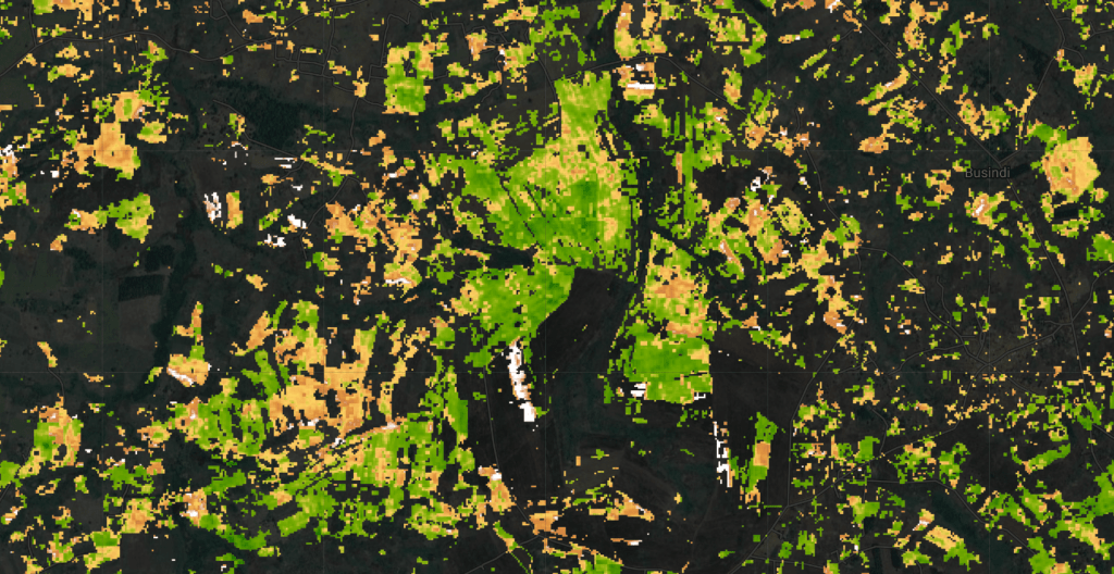 A map of part of Elgeyo Marakwet County in Kenya, showcasing the vegetation health of maize farms. The color coding ranges from brown to green, with green indicating the healthiest vegetation, brown the least healthy, and yellow as intermediate. Amini raises $4 million seed funding.
