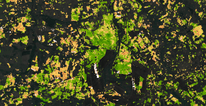 A map of part of Elgeyo Marakwet County in Kenya, showcasing the vegetation health of maize farms. The color coding ranges from brown to green, with green indicating the healthiest vegetation, brown the least healthy, and yellow as intermediate. Amini raises $4 million seed funding.