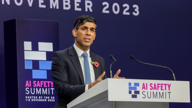 02/11/2023. Bletchley, United Kingdom. Prime Minister, Rishi Sunak ends day two of the AI Summit at Bletchley Park with a press conference. (Image Credits: Rory Arnold / No 10 Downing Street)