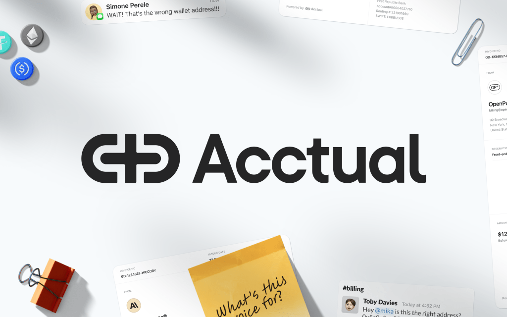 Acctual company banner with logo and post it notes, clips and other items on the edge of the image.
