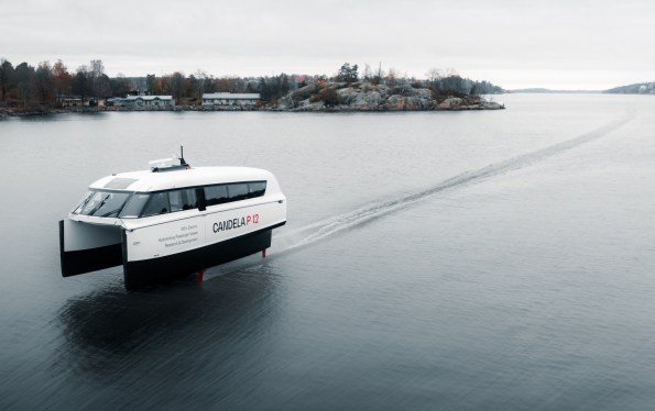 Candela's P-12 hydrofoiling electric ferry on the water.