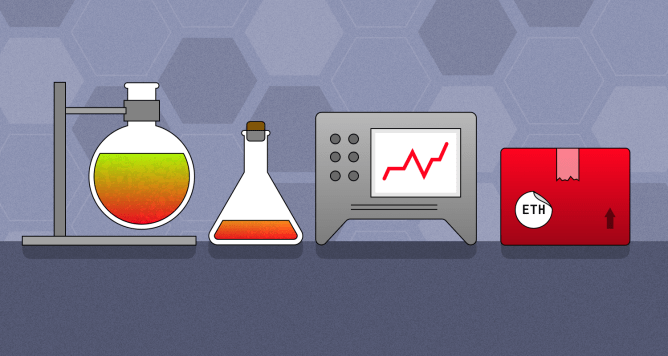 An image of test tubes and charts and a red box that says ETH on it.