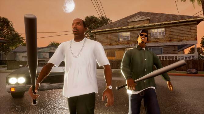 scene from GTA San Andreas - two men wielding baseball bats