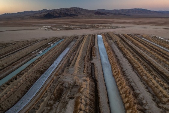 salt evaporation ponds are seen on Bristol Dry Lake where Standard Lithium Ltd. is preparing to use Direct Lithium Extraction (DLE) technology to capture lithium from brine