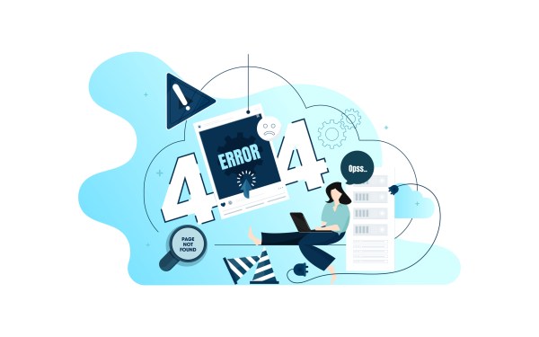 System errors illustration. Woman sits among 404 error trying to figure out the problem.