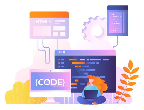 Illustration of woman writing code on a laptop with various coding elements around her.