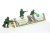 Three plastic toy soldiers shooting over a barricade made of a folded dollar bill