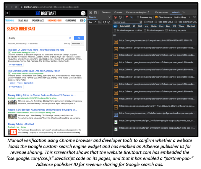 Screengrab from Adalytics report into GSP showing Breitbart.com with an AdSense Publisher ID