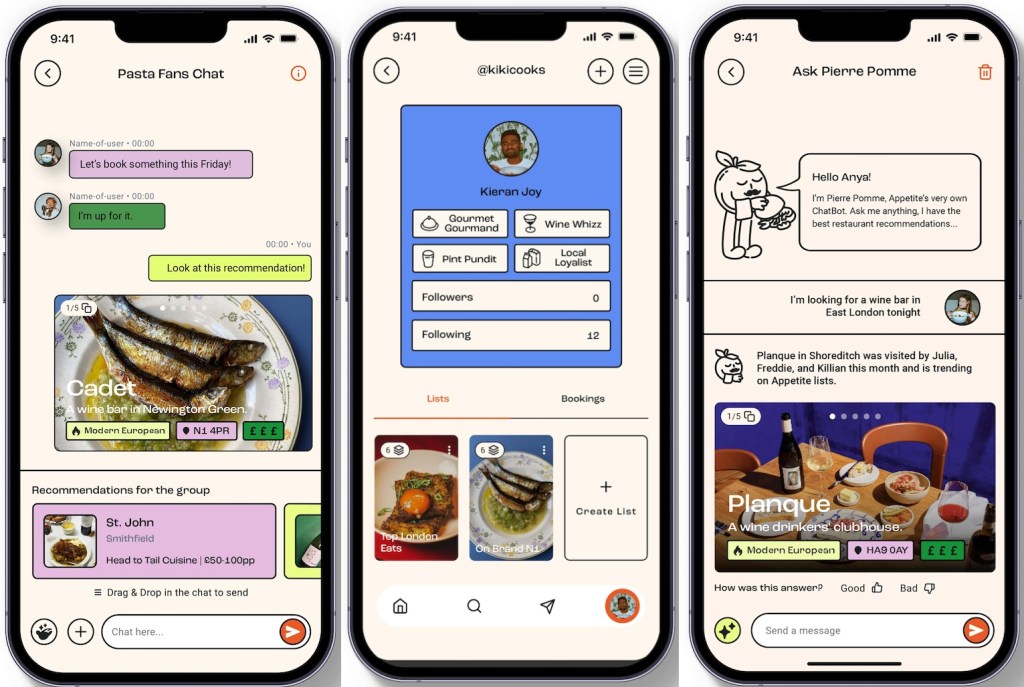 Three screenshots of the Appetite app side by side