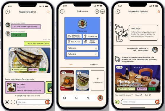 Three screenshots of the Appetite app side by side