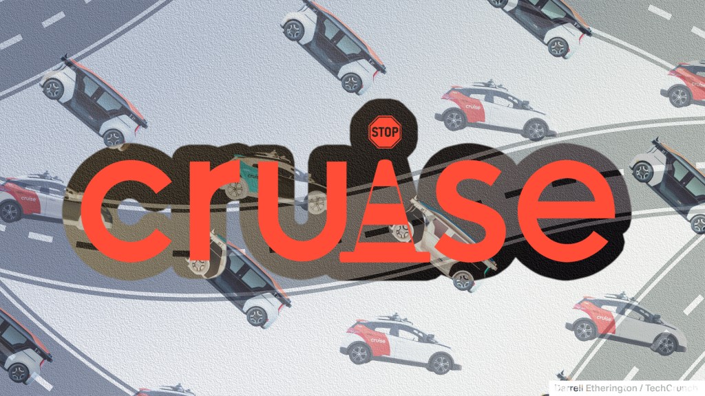 Cruise logo modified with traffic cone and stop sign to reflect challenges faced by the company