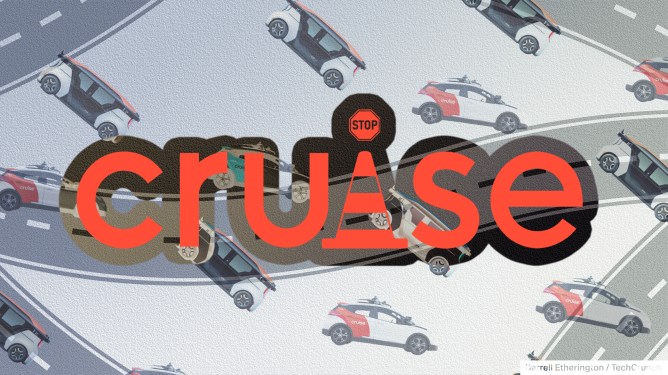 Cruise logo modified with traffic cone and stop sign to reflect challenges faced by the company