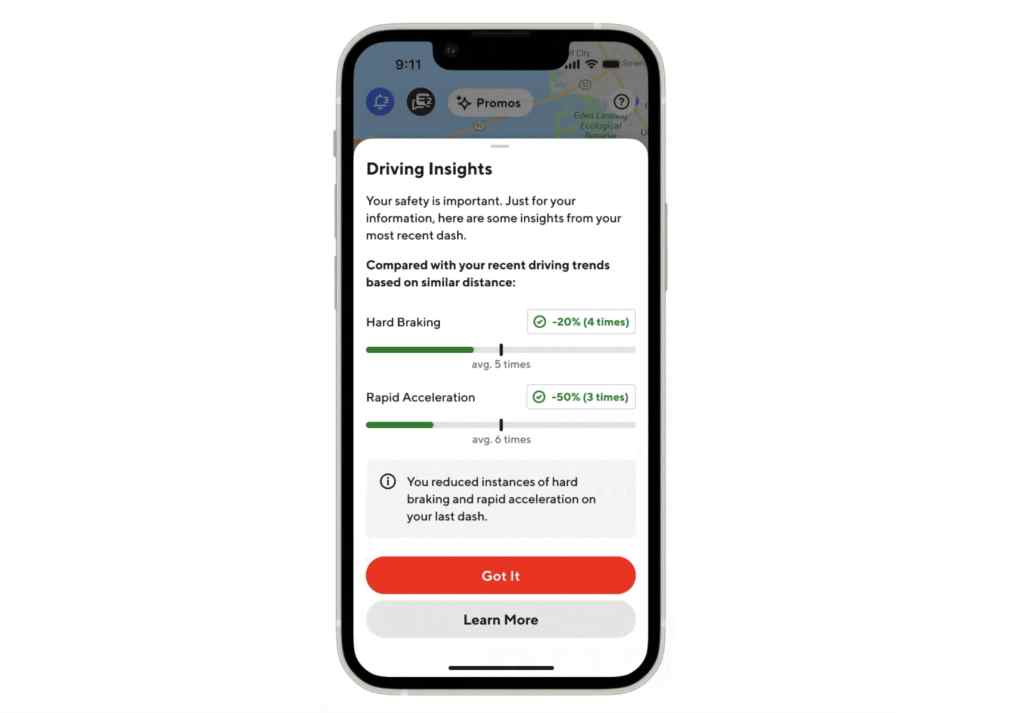 DoorDash's new driving insights feature on a phone