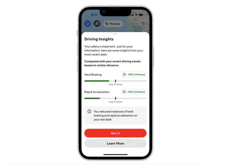 DoorDash's new driving insights feature on a phone