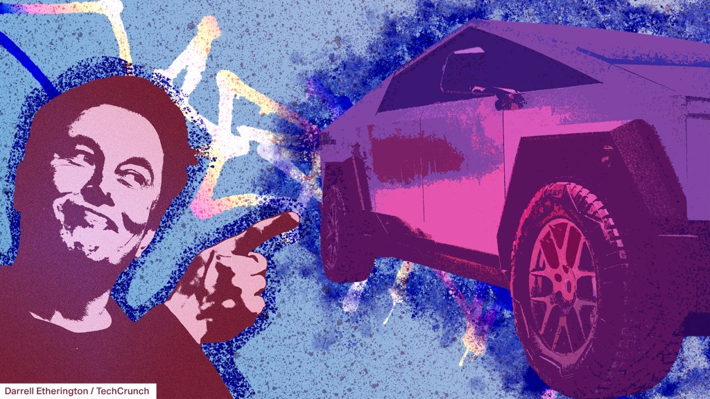 Illustration of Elon Musk pointing at the Tesla Cybertruck