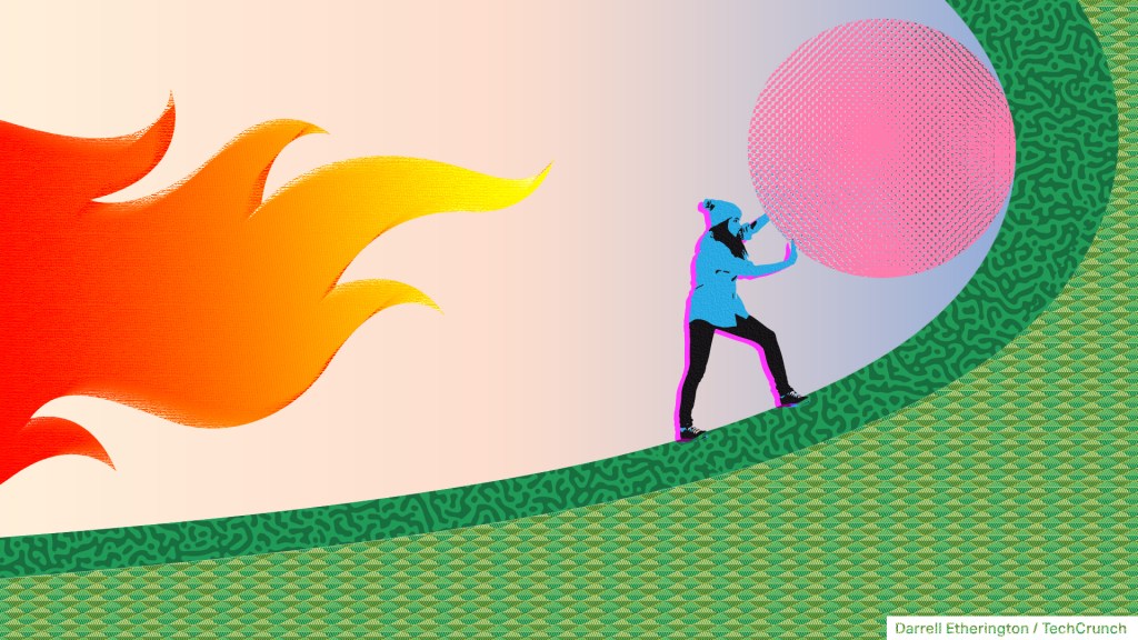 Illustration of a woman pushing a large round object up a curving hill with a fire at her back