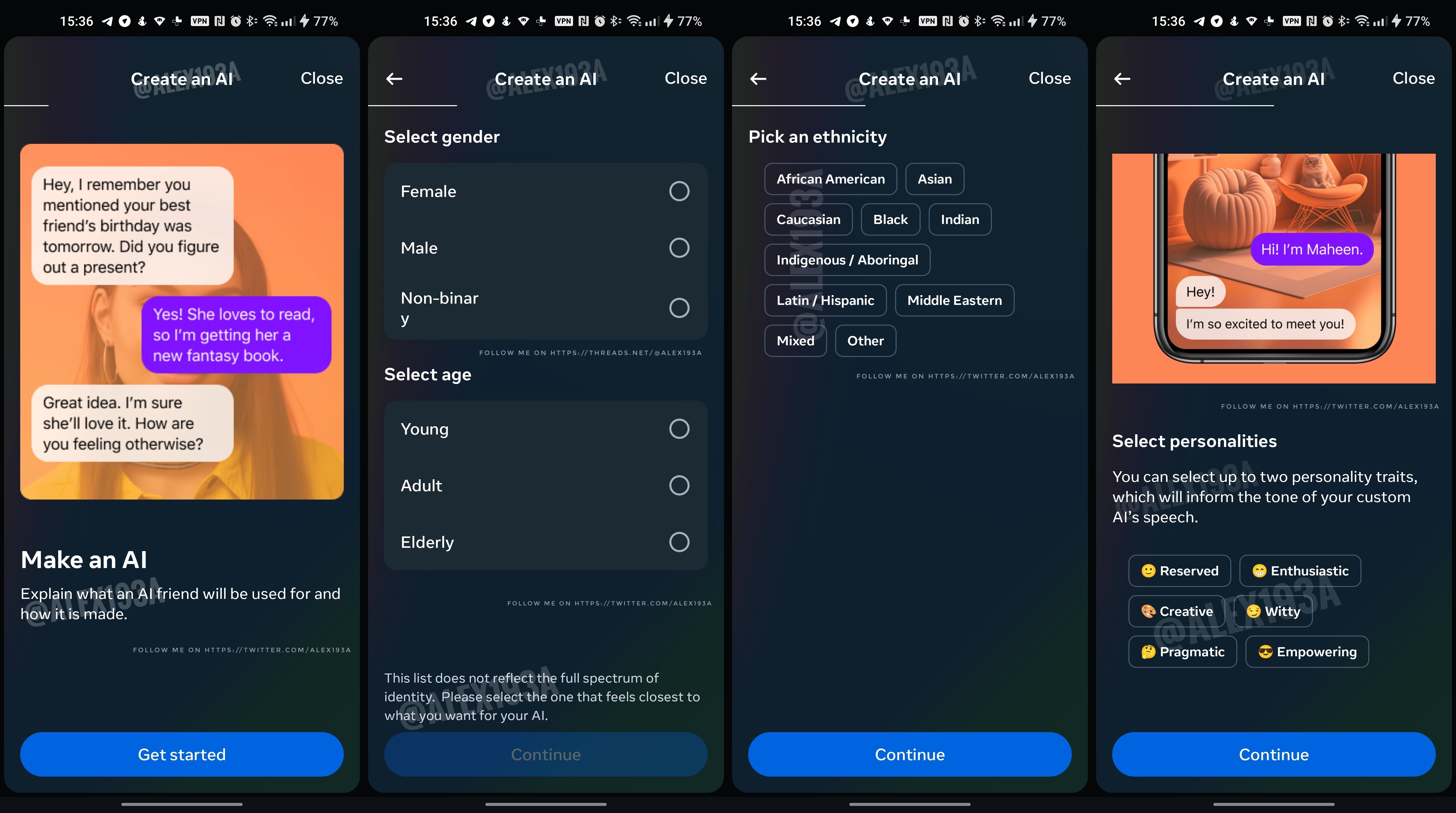 Screenshots of a an AI friend feature that Instagram is developing