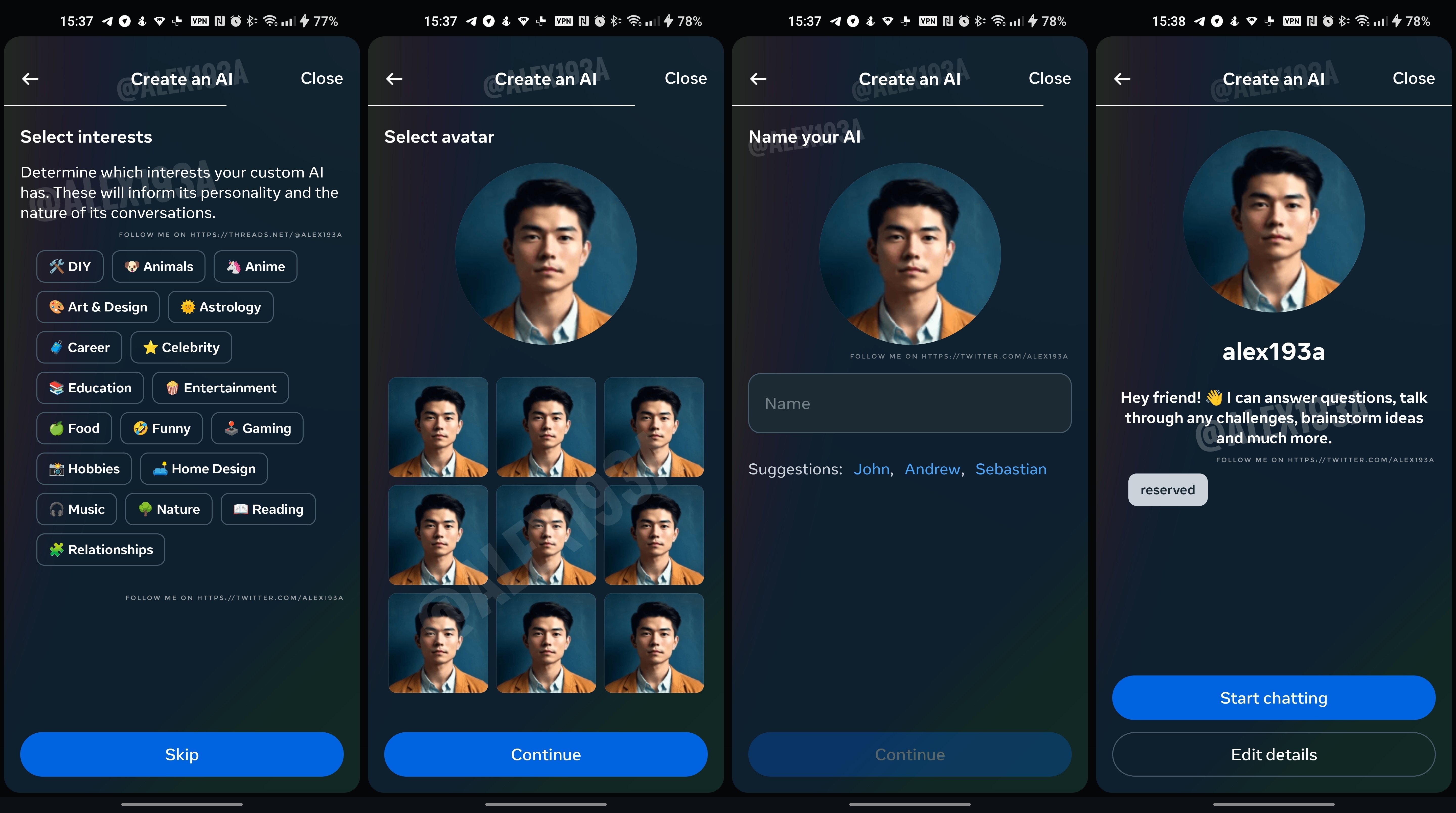 Screenshots of a an AI friend feature that Instagram is developing