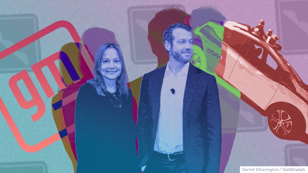 Illustration depicting GM CEO Mary Barra and Cruise founder Kyle Vogt