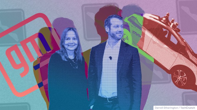 Illustration depicting GM CEO Mary Barra and Cruise founder Kyle Vogt