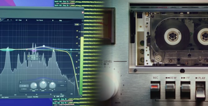 Computer mixing interface fading into image of a cassette tape.