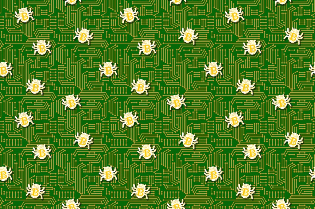 yellow cartoon bugs with bitcoin logos on a green illustratated circuit board, simulating crypto-related bugs and crypto thefts