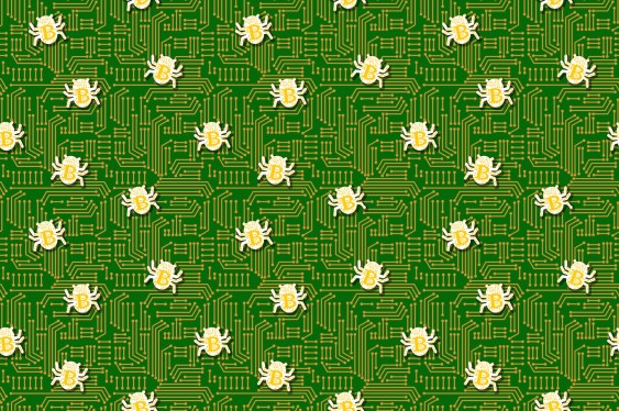 yellow cartoon bugs with bitcoin logos on a green illustratated circuit board, simulating crypto-related bugs and crypto thefts