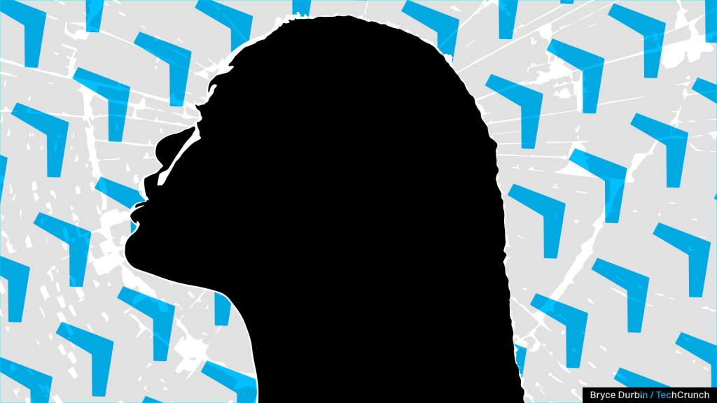 A Black woman looking up as Blue arrows point upward behind her.