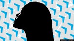 A Black woman looking up as Blue arrows point upward behind her.