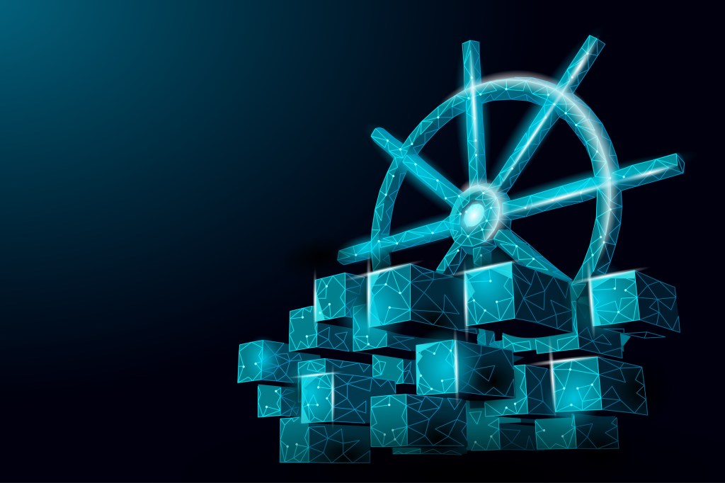 Kubernetes wheel helm over blue 3D containers on black background.
