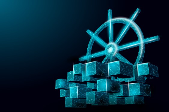 Kubernetes wheel helm over blue 3D containers on black background.
