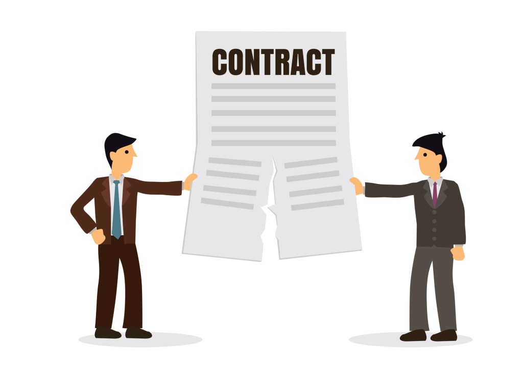 Two business people tearing contract as deal breaks down.