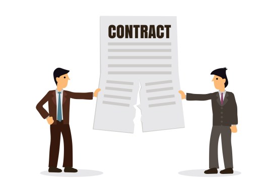 Two business people tearing contract as deal breaks down.