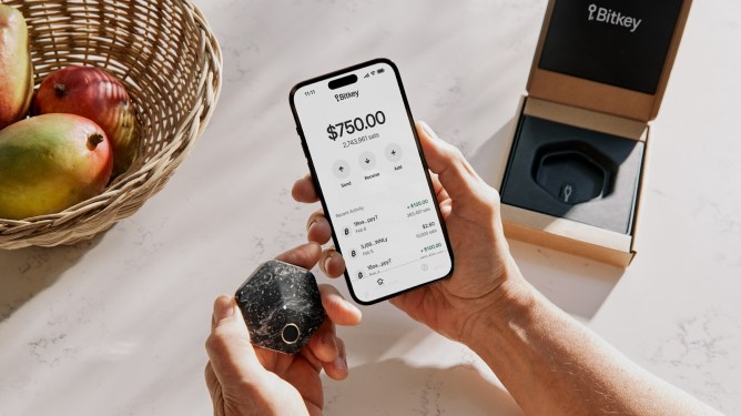 person holding smartphone looking at Bitkey app
