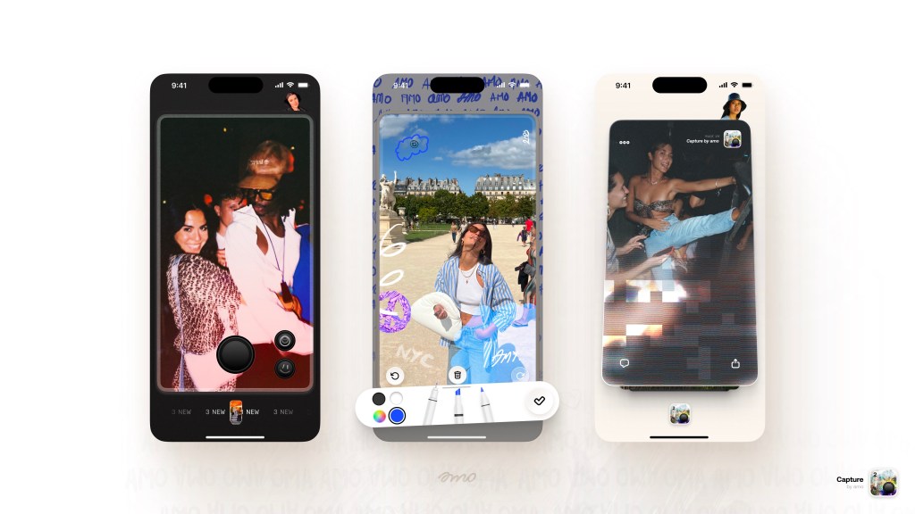 Amo app samples displayed on 3 smartphones