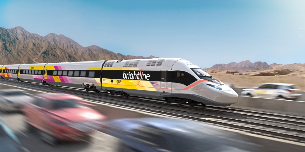 A rendering of the Brightline West high-speed rail train.