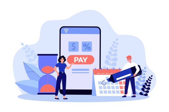 An illustration of a man and a woman sorting out finances on a device and calendar