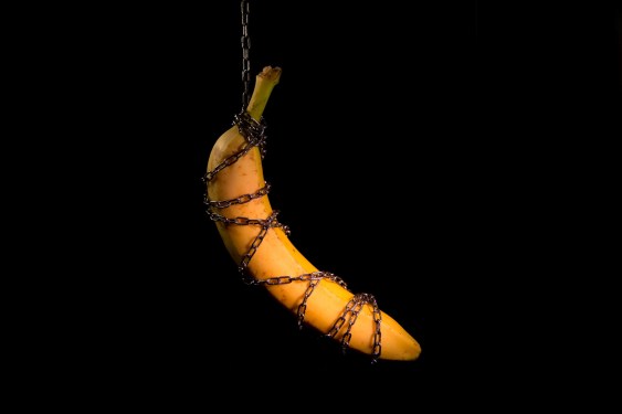 A banana chained on a black background, symbolizing a PG-version of an internet-connected sex toy, as listed as one of the tech things you shouldn't buy this year