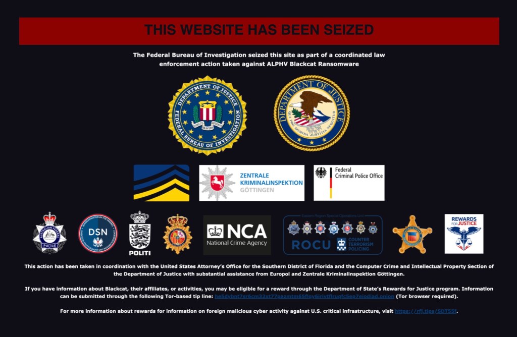 a screenshot of ALPHV/BlackCat's leak site, which is splashed with a seizure notice by the FBI and other law enforcement agencies