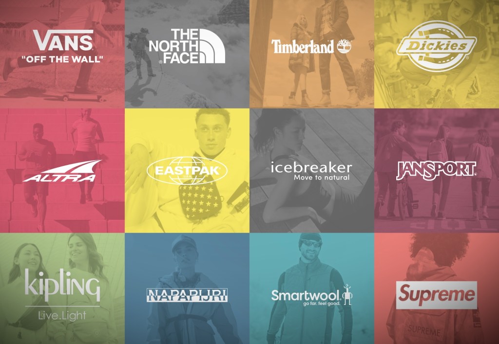 a screenshot of VF Corp's brands per its website, including The North Face, Supreme, and Vans