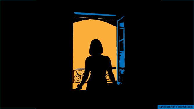 A woman looking out the window covered in shadows